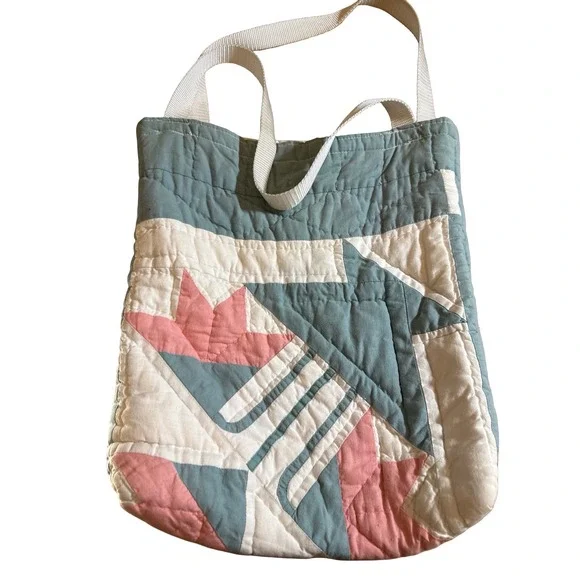 Pierson's cottagecore Vintage Quilt Tote Bag Patchwork Star Pastel Blue Pink - Picture 4 of 7